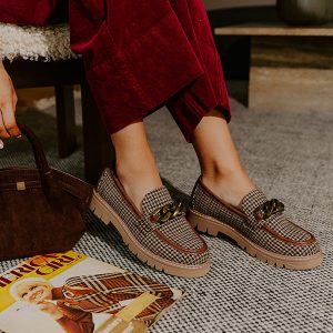 Women's Brown Faux Leather Houndstooth Loafer