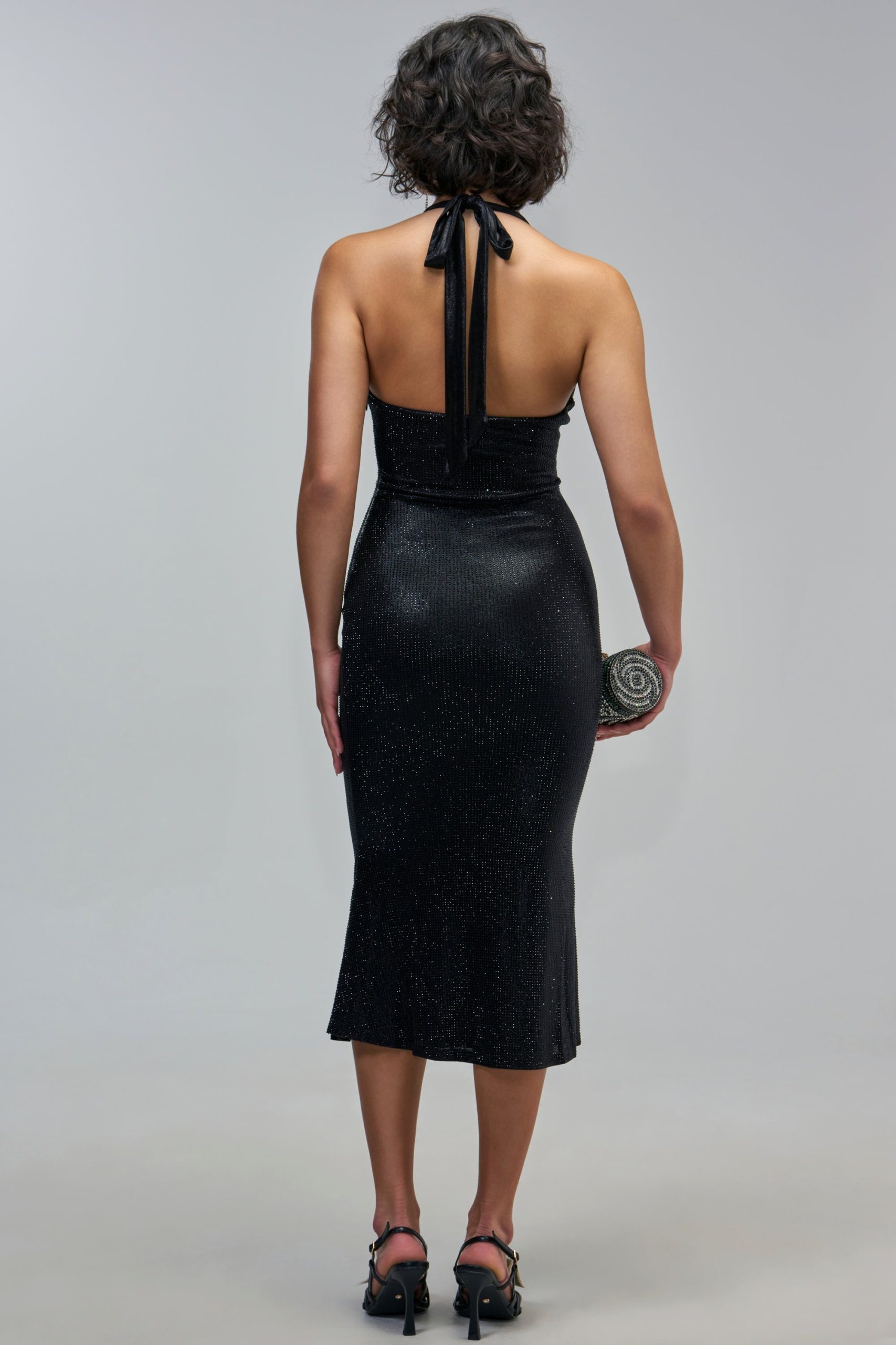 HAVING A BALL RHINESTONE MIDI DRESS IN BLACK